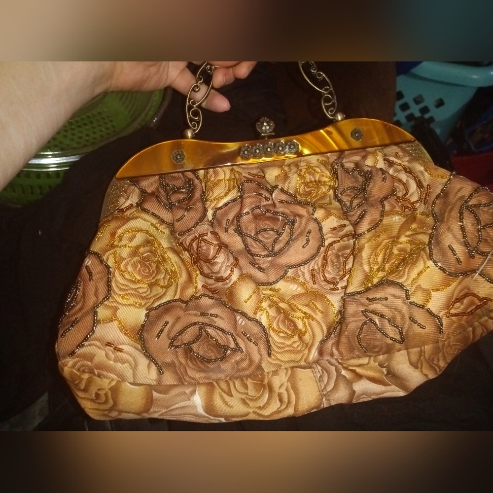 Vintage Beaded Evening Clutch Purse With Metal Accents